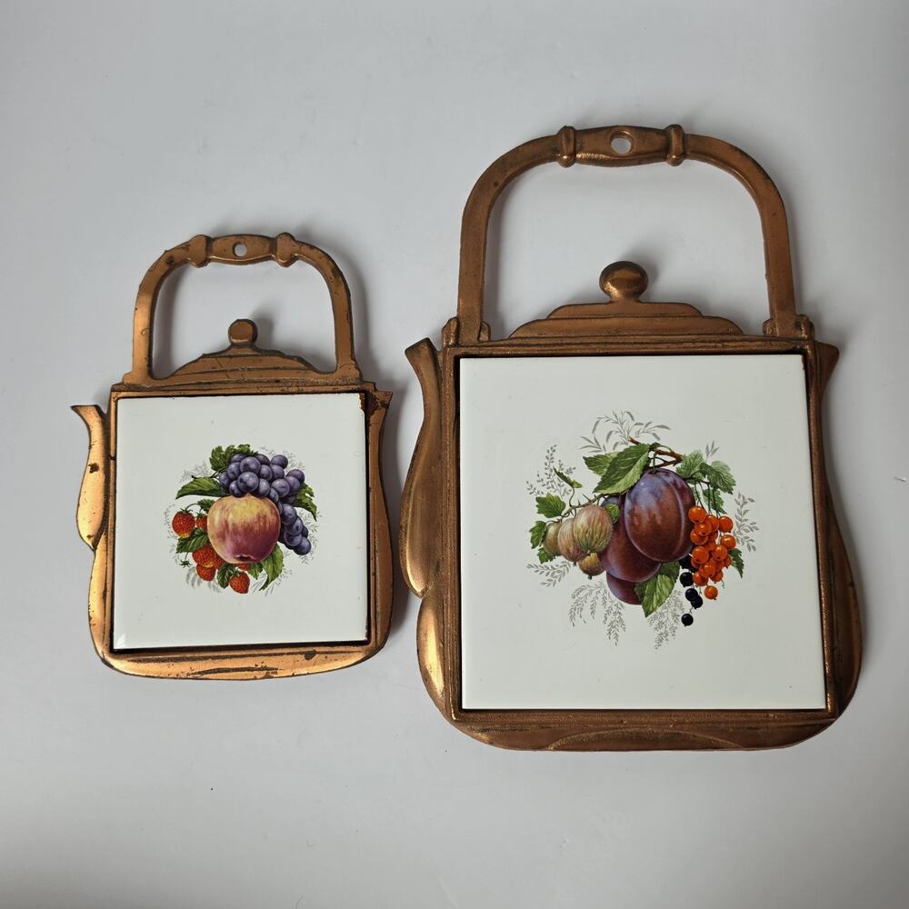Vintage Copper Trivets Teapot Fruit Set Of 2 Decor Wall Hanging